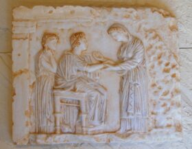 Relieve escena griega de curación 34 x 28 cm.