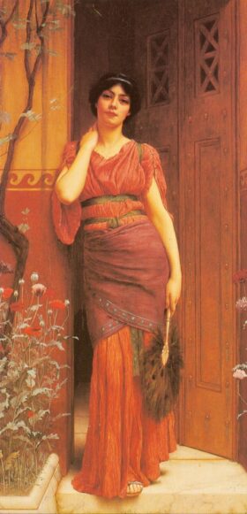 En la puerta del Jardín. Lienzo de Godward (1861-1922)