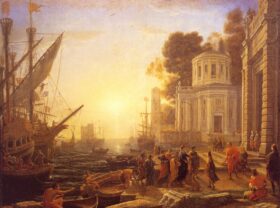 Puerto con el desembarque de Cleopatra en Tarso. Lienzo de Claude Lorrain (1600-1682)