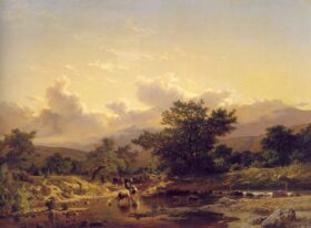 Paisaje con una vacada en un rio. Lienzo de Carlos de Haes (1829-1898)