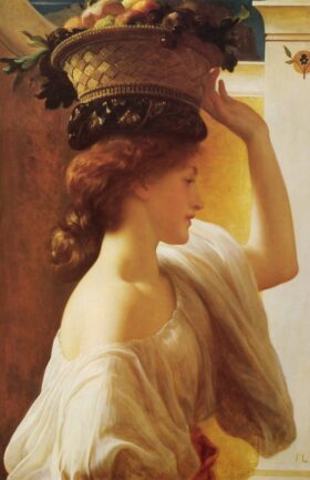 Cesta de frutas. Lienzo de F. Leighton (1830-1896)