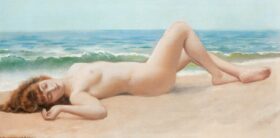 Desnudo en la playa. Lienzo de Godward (1861-1922)