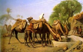 Camellos en el comedero. Lienzo de Jean Leon Gerome (1824-1904)