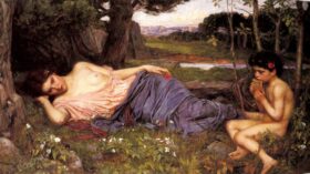 Escuchando a mi dulce flautista. Lienzo de J.W. Waterhouse (1849-1917)