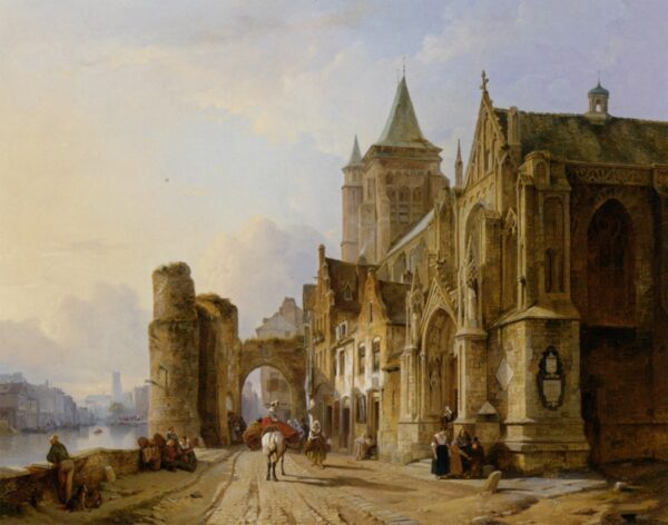 Figures in the streets of a city by a river. Canvas by François A Bossuet