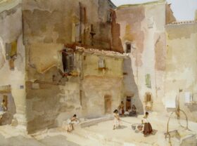 Una plaza iluminada por el sol en Languedoc, 1961. Lienzo de William Russell Flint