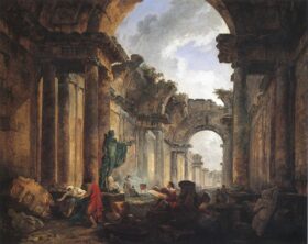 Vista imaginaria de la galería del Louvre como una ruina, 1796. Lienzo de Hubert Robert