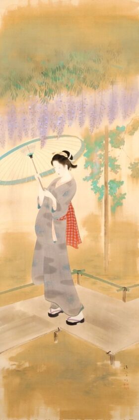 Lluvia púrpura. Pintura japonesa de Kaburagi Kiyokata