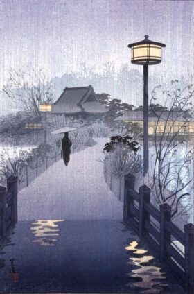 Noche lluvia en charca de Shinobazu. Pintura de de Kasamatsu Shirô