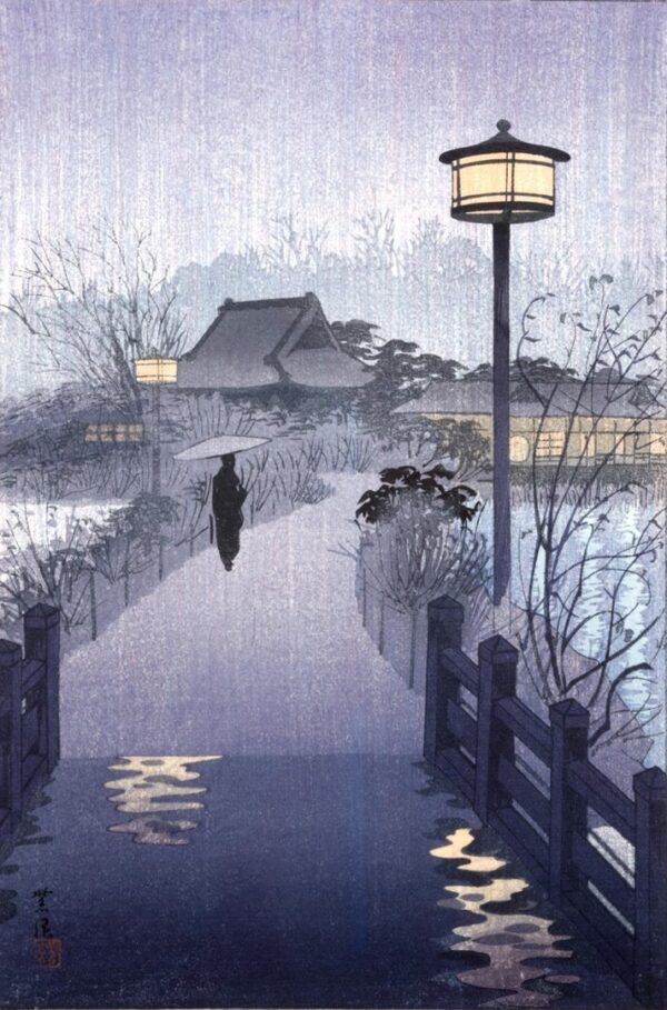 Rainy Night at a pond in Shinobazu. Painting by Kasamatsu Shirô