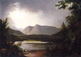 Vista del lago Windemere con Langdale, Pikes. Lienzo de Wright of Derby