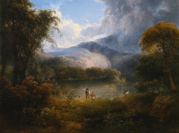 Hunters with a Dog in a Landscape, 1828. Canvas by Thomas Doughty