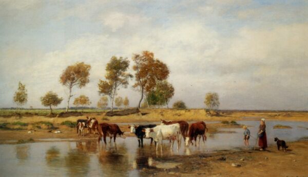 Cows at the Watering Trough, 1895. Canvas by Eugen Jettel