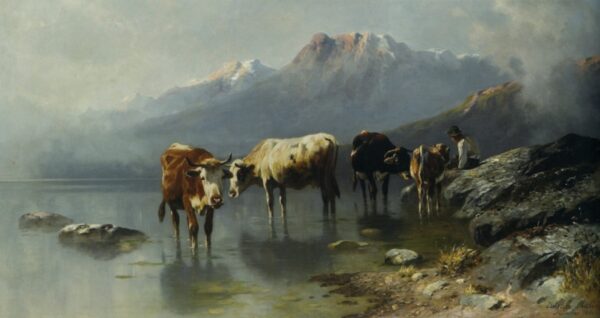 Cattle in a Mountain Landscape, 1891. Canvas by Friedrich Mali