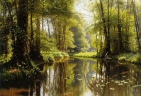 Río en el bosque. Lienzo de Peter Mork Monsted