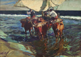 Bueyes arreando barca. Lienzo de Sorolla (1863 - 1923)