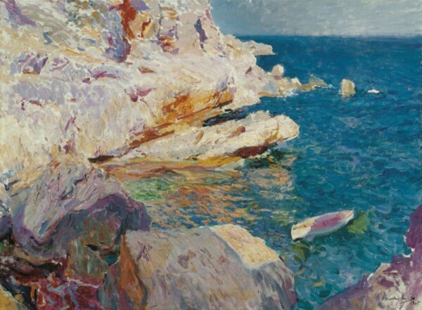 Rocks of Jávea and the white boat. Canvas by Sorolla. (1863 - 1923)