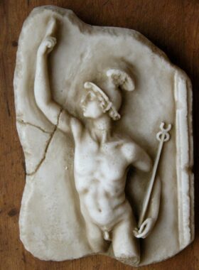 Relieve Hermes (Mercurio) con caduceo.  22 x 14 cm.