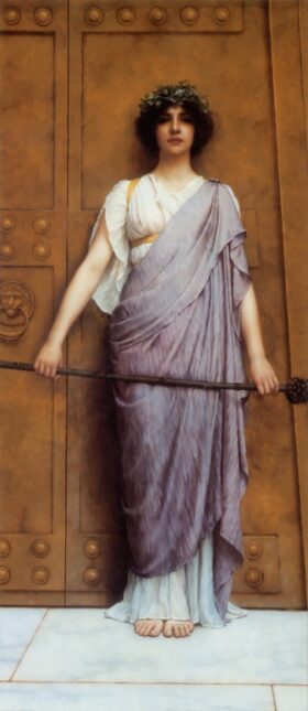 En la puerta del templo. Lienzo de Godward (1861-1922)