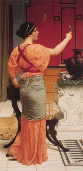 Lesbia con su gorrión. Lienzo de Godward (1861-1922)