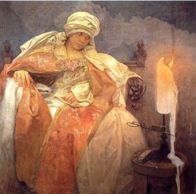 Woman with a Lit Candle. Canvas by Alphonse Mucha (1860-1939)