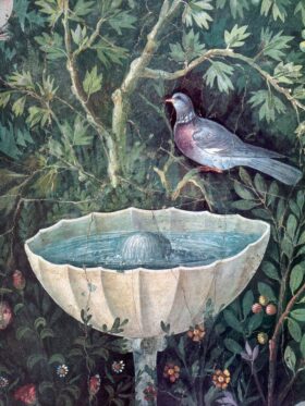 Fountain with bird. Roman fresco. House of the golden bracelet, Pompeii.