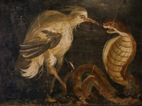 Heron and cobra. Roman fresco. House of Epigrams, Pompeii.