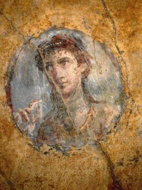 Medallion with portrait of a girl. Roman fresco. House of the Golden Lovers, Pompeii.