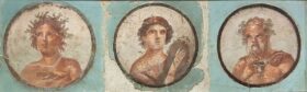 Bacchus, maenad and satyr. Roman fresco