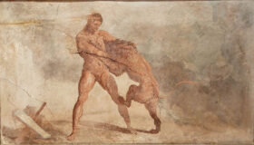 Hercules fighting the lion. Roman fresco. Pompeii