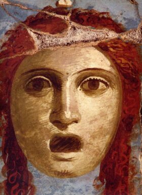 Theatre mask. Roman fresco. House of the Golden Bangle, Pompeii