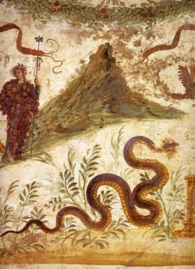 Bacchus with serpent genie of the hearth. Roman fresco. Centennial House, Pompeii